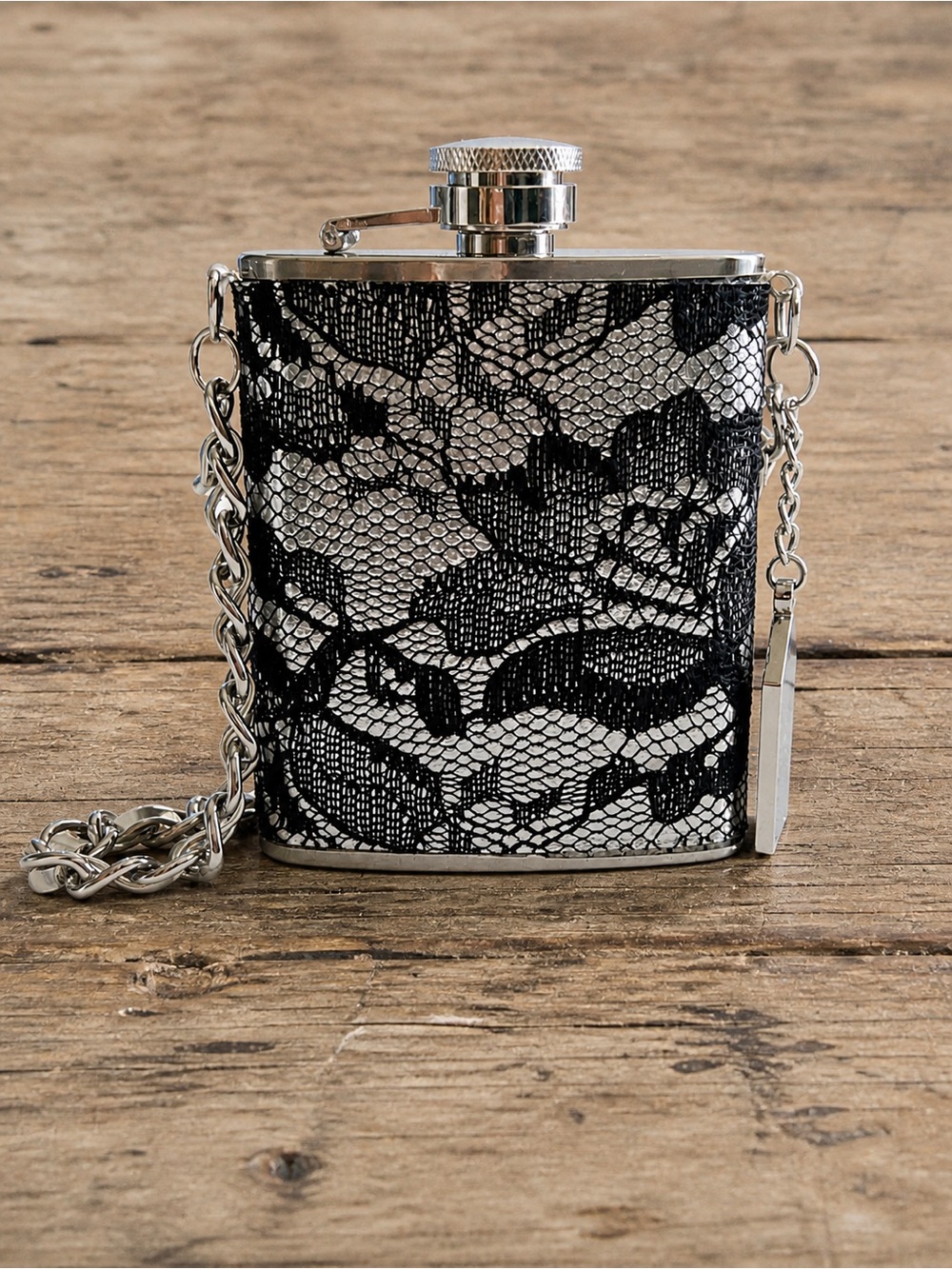Cute Metal Flask with chain with Black Lace Overlay